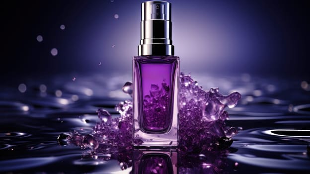 A bottle of perfume sitting on top of a purple liquid