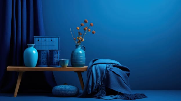 A blue wall with a table and vases on it