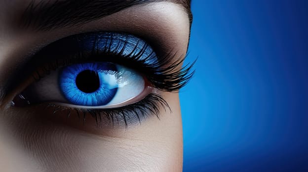 A close up of a woman's eye with blue eyes