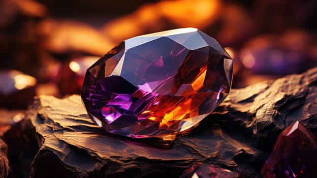 A large purple and orange gemstone sitting on top of some rocks