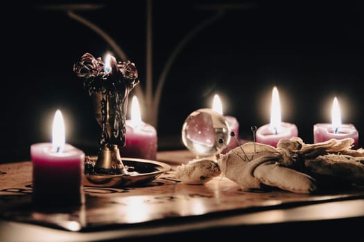 A mystical scene with a crystal ball surrounded by candles, suggesting fortune telling or a séance
