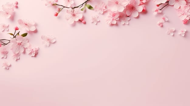 Pastel pink cherry blossoms adorn the corner of a soft pink background, providing a delicate, serene composition suitable for spring-themed designs. High quality photo