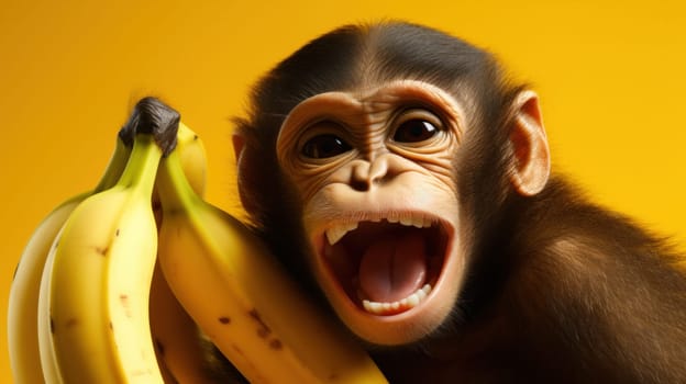A monkey holding a bunch of bananas in its mouth