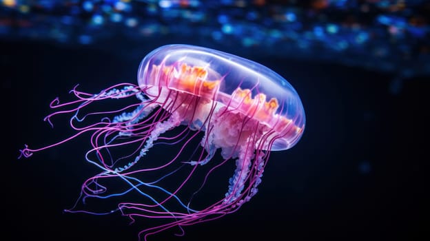 A jellyfish is swimming in the water with pink tentacles