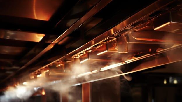 A row of pipes with steam coming out from them in a kitchen