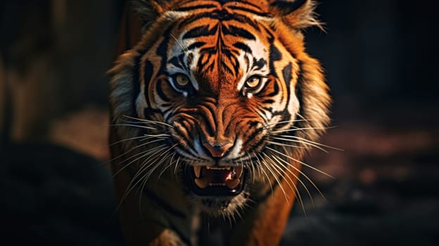 A tiger with a big mouth and bright eyes staring at the camera