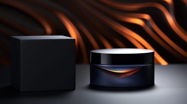 A black container with a lid sitting next to an orange background