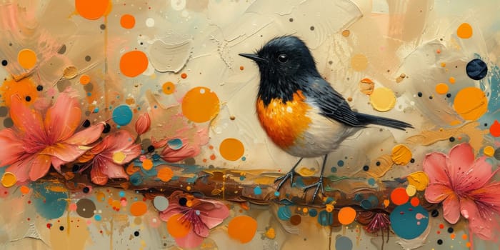 Little beautiful bird with hand draw and paint color background illustration.