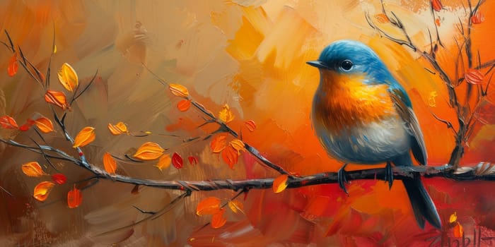 Little beautiful bird with hand draw and paint color background illustration.