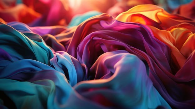 A close up of a pile of colorful fabric with some light shining through it
