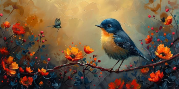 Little beautiful bird with hand draw and paint color background illustration.