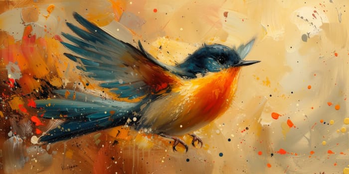 Little beautiful bird with hand draw and paint color background illustration.