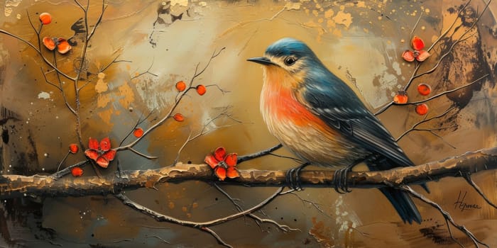 Little beautiful bird with hand draw and paint color background illustration.