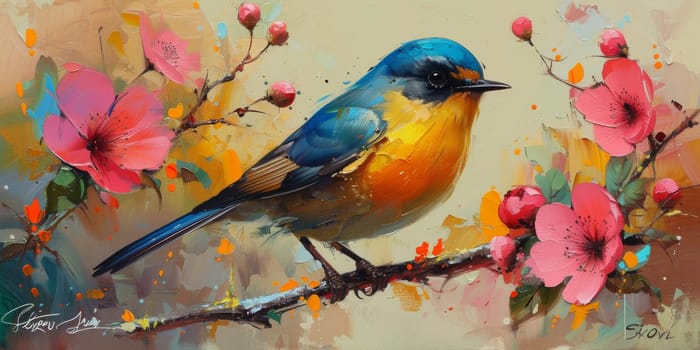 Little beautiful bird with hand draw and paint color background illustration.