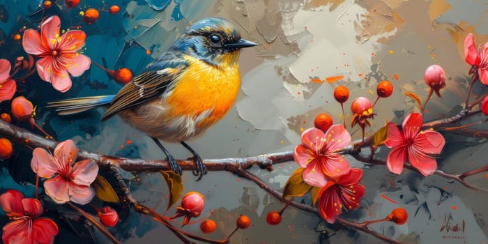 Little beautiful bird with hand draw and paint color background illustration.