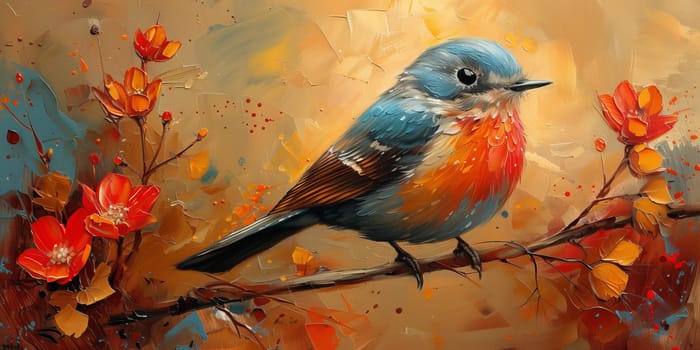 Little beautiful bird with hand draw and paint color background illustration.