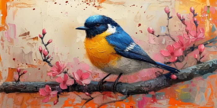 Little beautiful bird with hand draw and paint color background illustration.