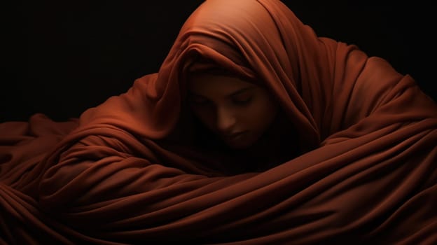 A woman wrapped in a red blanket with her eyes closed