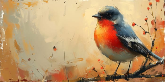 Little beautiful bird with hand draw and paint color background illustration.