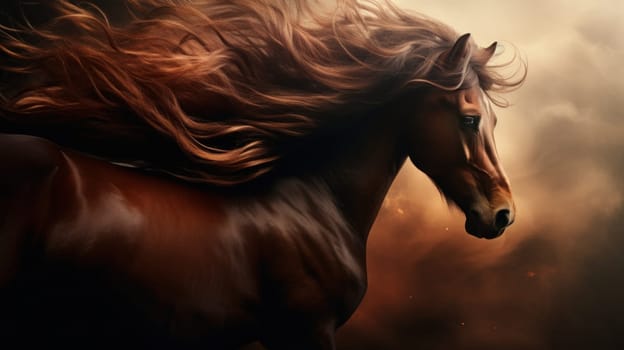 A horse with a flowing mane of hair in the wind