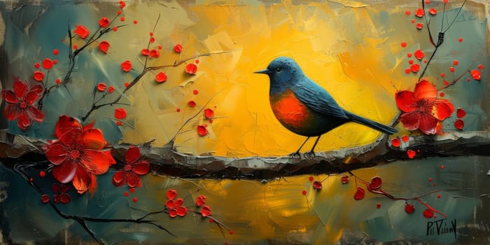 Little beautiful bird with hand draw and paint color background illustration.