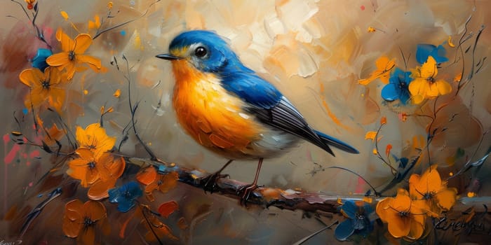 Little beautiful bird with hand draw and paint color background illustration.