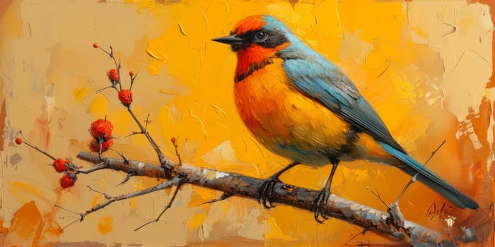 Little beautiful bird with hand draw and paint color background illustration.