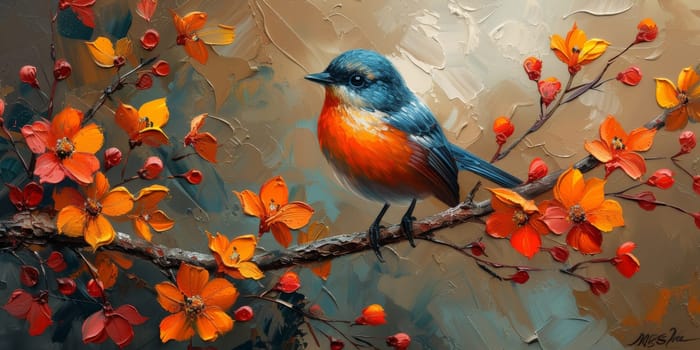 Little beautiful bird with hand draw and paint color background illustration.