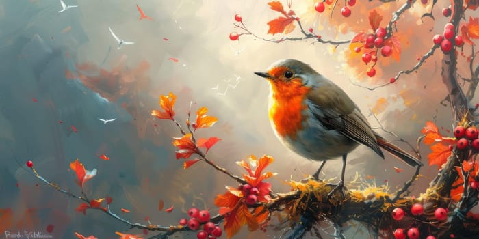 Little beautiful bird with hand draw and paint color background illustration.