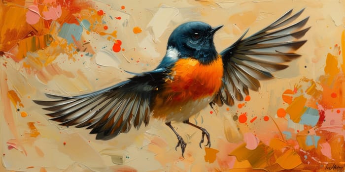 Little beautiful bird with hand draw and paint color background illustration.