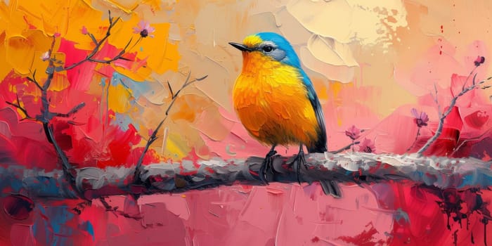 Little beautiful bird with hand draw and paint color background illustration.