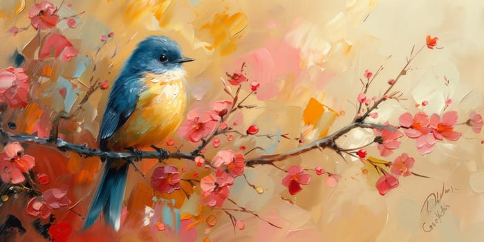 Little beautiful bird with hand draw and paint color background illustration.