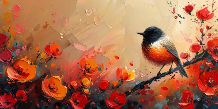 Little beautiful bird with hand draw and paint color background illustration.