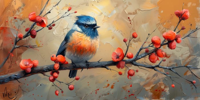 Little beautiful bird with hand draw and paint color background illustration.