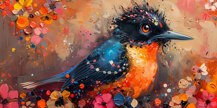 Little beautiful bird with hand draw and paint color background illustration.