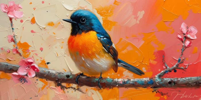 Little beautiful bird with hand draw and paint color background illustration.