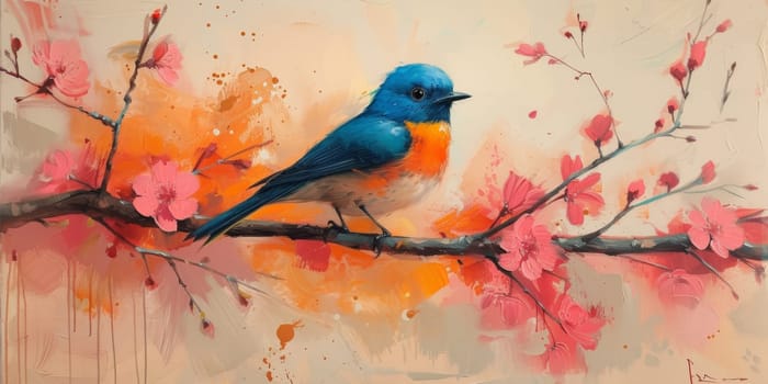 Little beautiful bird with hand draw and paint color background illustration.