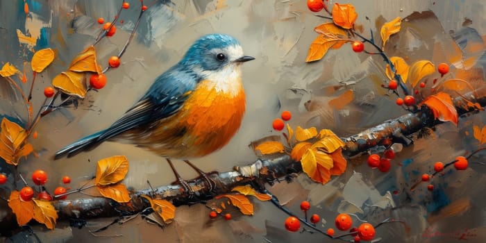 Little beautiful bird with hand draw and paint color background illustration.