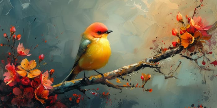 Little beautiful bird with hand draw and paint color background illustration.