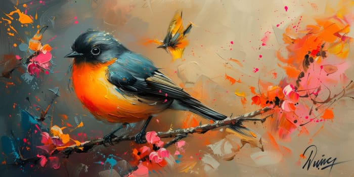 Little beautiful bird with hand draw and paint color background illustration.