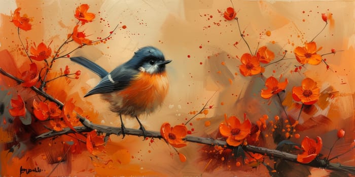 Little beautiful bird with hand draw and paint color background illustration.