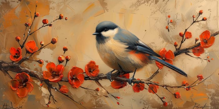 Little beautiful bird with hand draw and paint color background illustration.