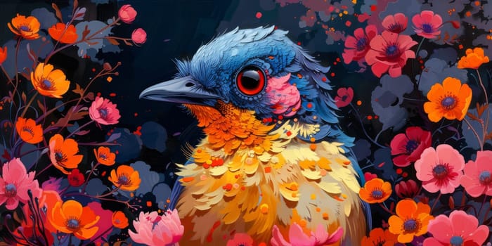 Little beautiful bird with hand draw and paint color background illustration.