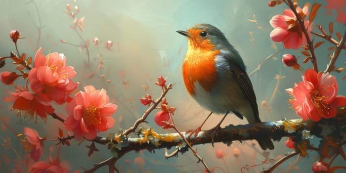 Little beautiful bird with hand draw and paint color background illustration.