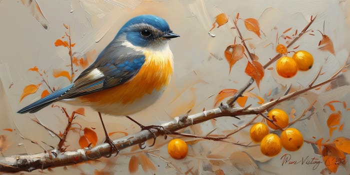 Little beautiful bird with hand draw and paint color background illustration.