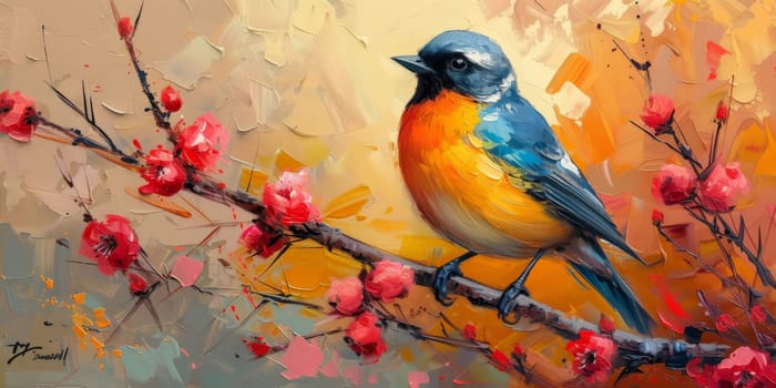 Little beautiful bird with hand draw and paint color background illustration.