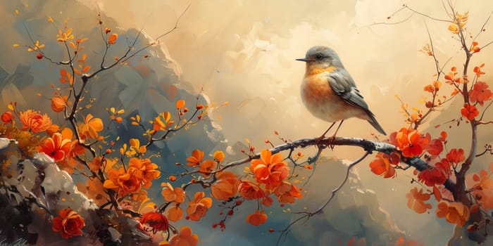 Little beautiful bird with hand draw and paint color background illustration.