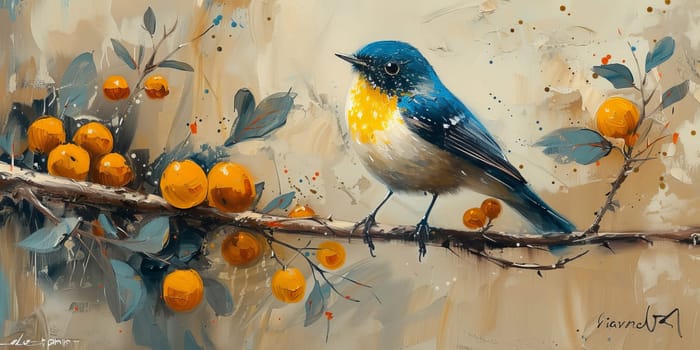 Little beautiful bird with hand draw and paint color background illustration.