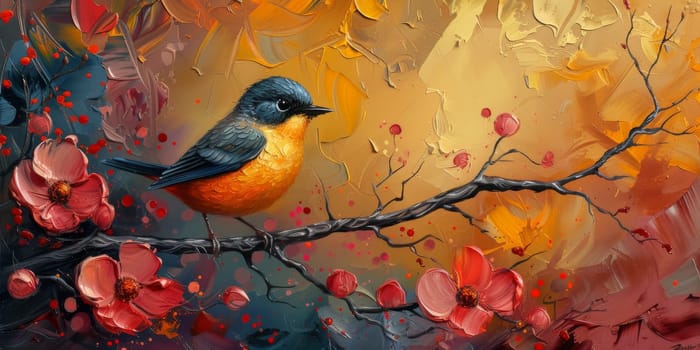 Little beautiful bird with hand draw and paint color background illustration.