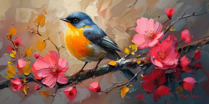 Little beautiful bird with hand draw and paint color background illustration.